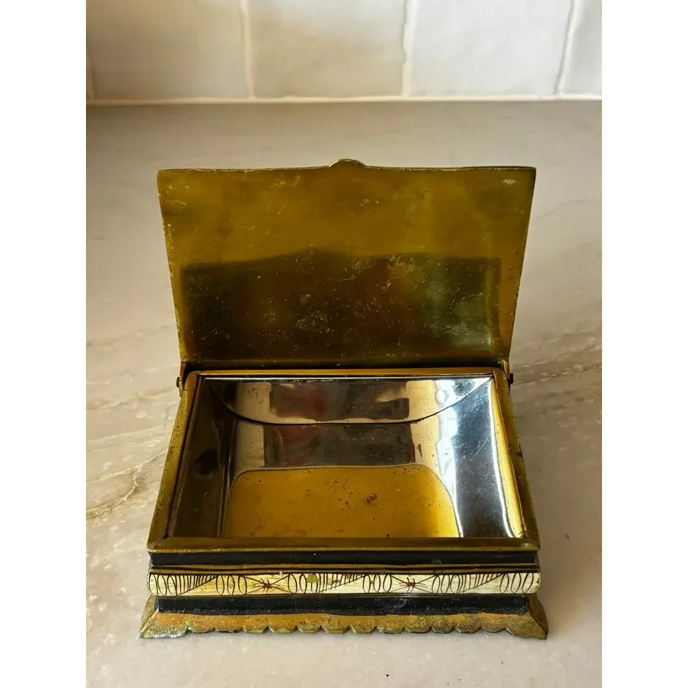 Vintage Brass & Black Lacquer Trinket Box Greek Key Classical Scene Jewelry Box